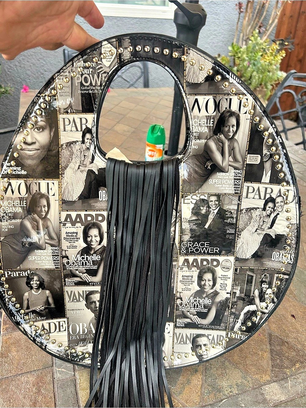 Oval Fringe Shoulder Bag in Black & White